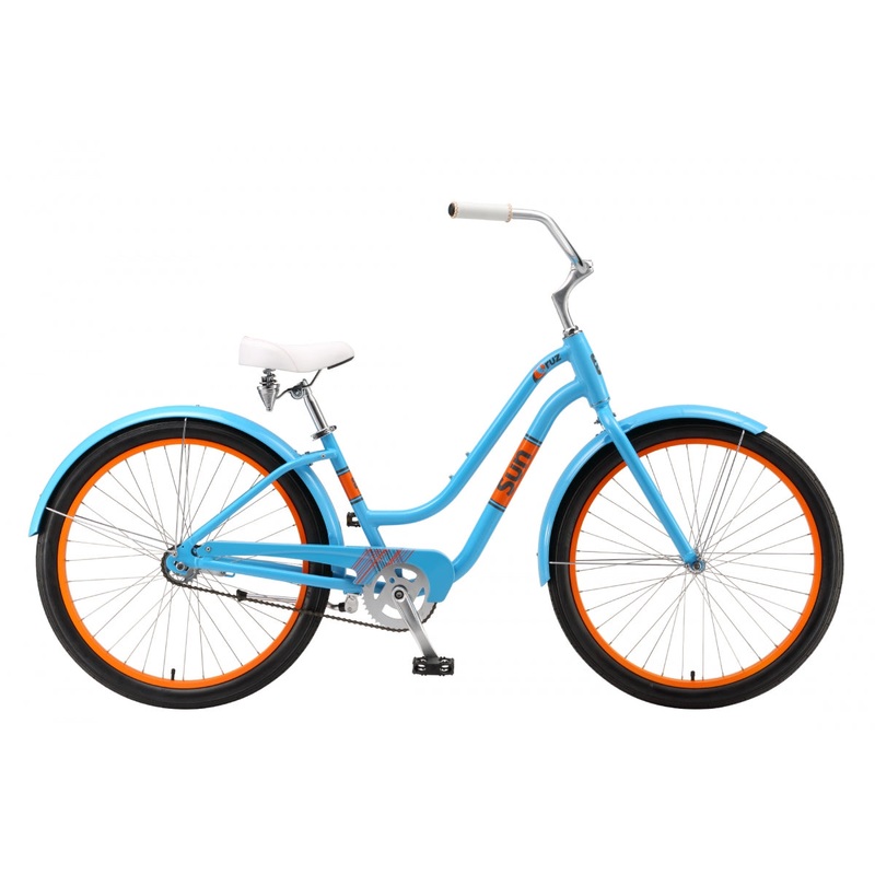Sun Bicycles Cruz Step-Thru 16in Aluminum Cruiser Bikes with Lightweight Frame, 1-Speed Gearing, Stylish Colors & Comfortable Features California Blue Electric Orange