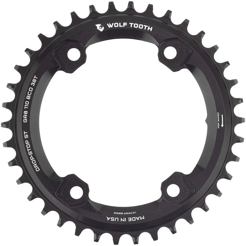 Wolf Tooth Shimano 110 Asymmetric BCD Chainring – 38t, 110 Asymmetric BCD, 4-Bolt, Drop-Stop ST, For Shimano GRX Cranks,