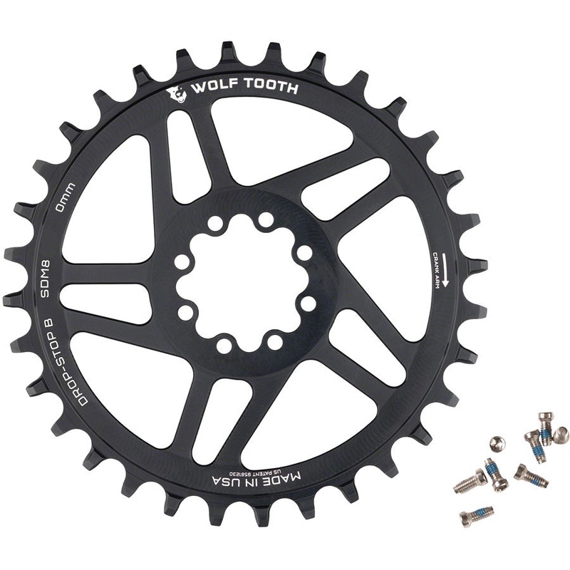 Wolf Tooth Direct Mount Chainring – 34t, SRAM Direct Mount, Drop-Stop B, For SRAM 8-Bolt Cranksets, 0mm Offset, Black